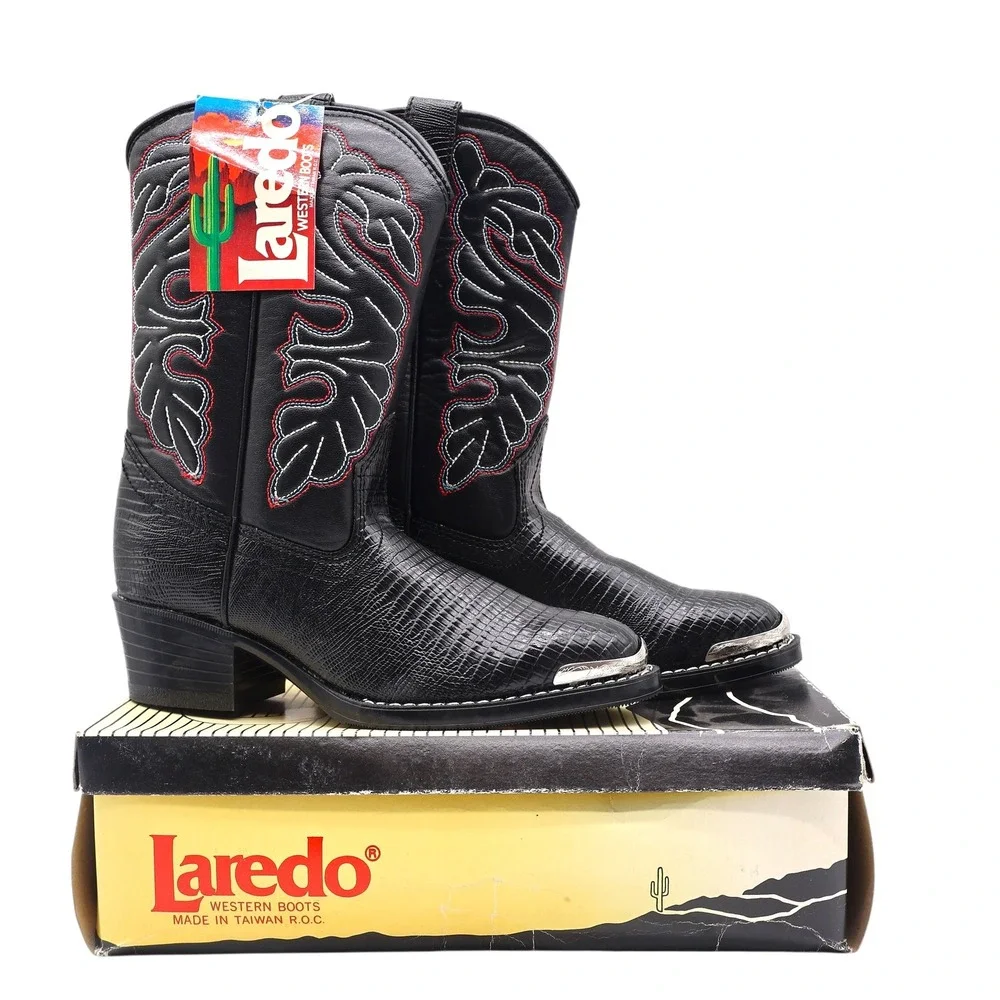 Laredo Western Cowboy Boots Kids Size 2D Vintage Black Lizard Embossed 28-2230-6